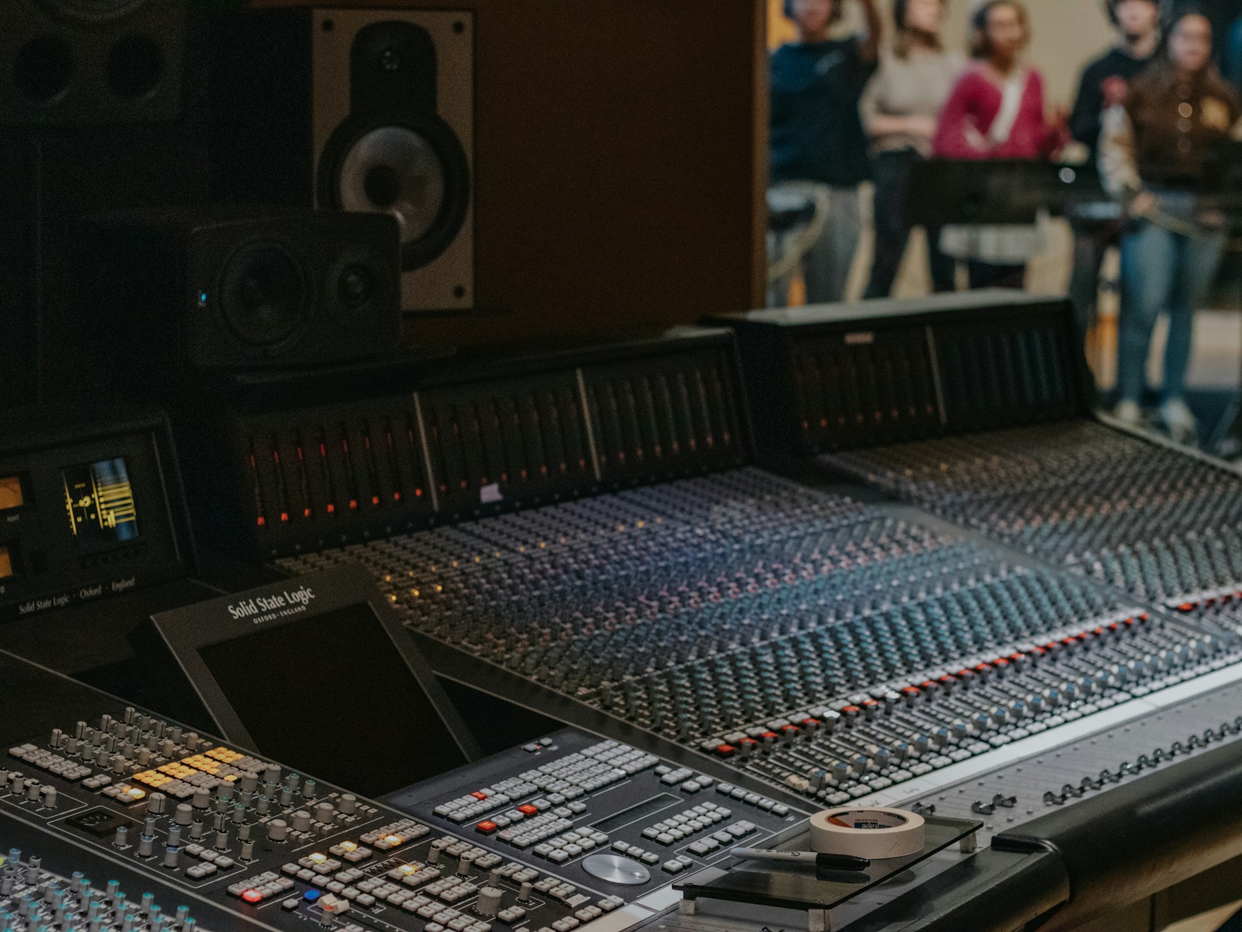 A professional recording studio mixing console
